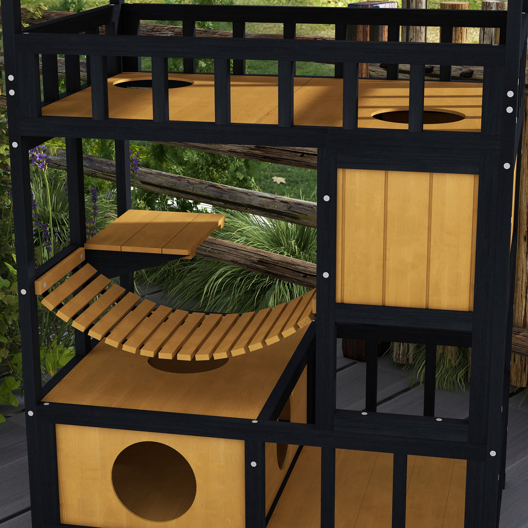 Outdoor Cat Shelter, Wooden Feral Cat House, with Suspension Bridge