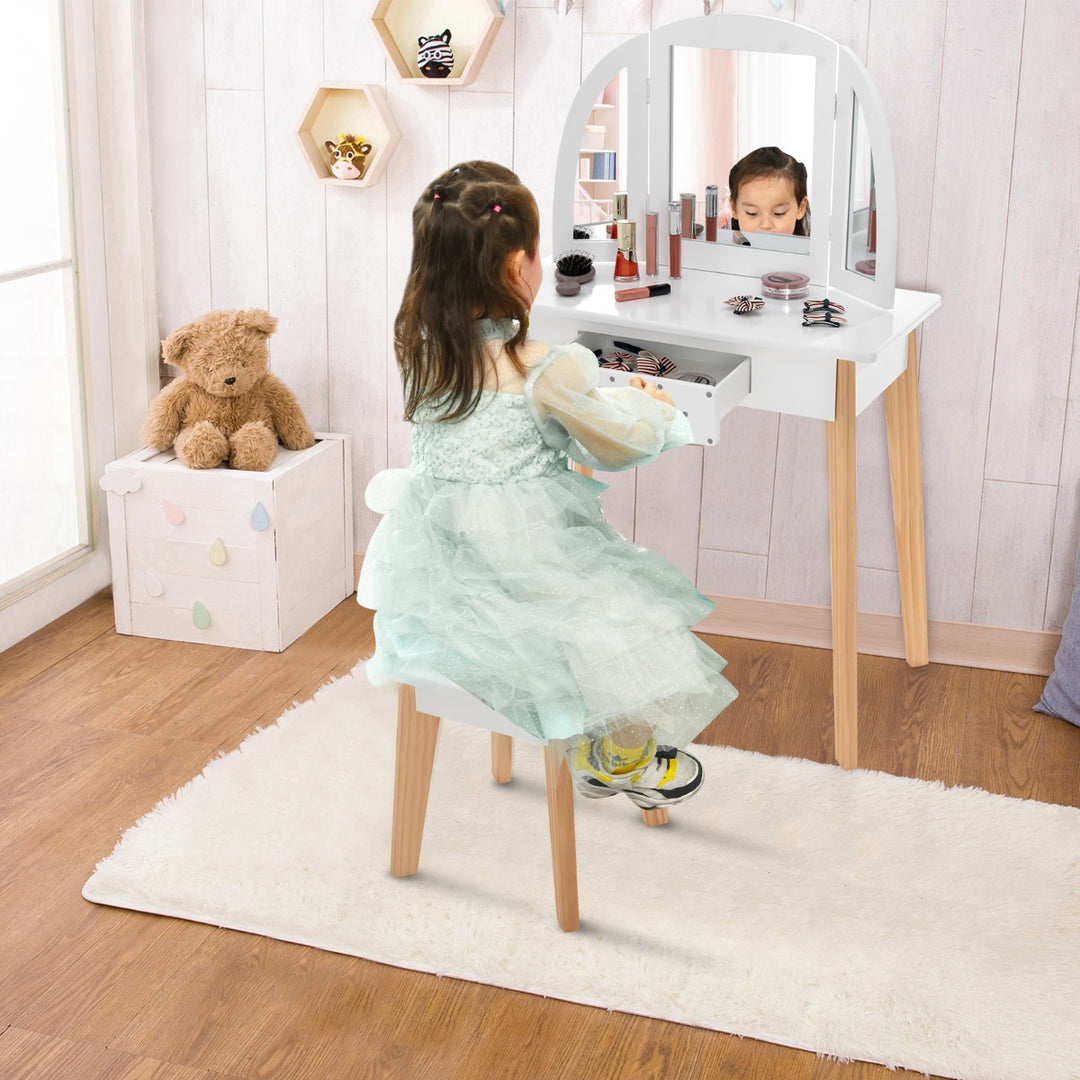 Kids Dressing Table and Stool Set Tri-Folding Mirror and Drawer -White