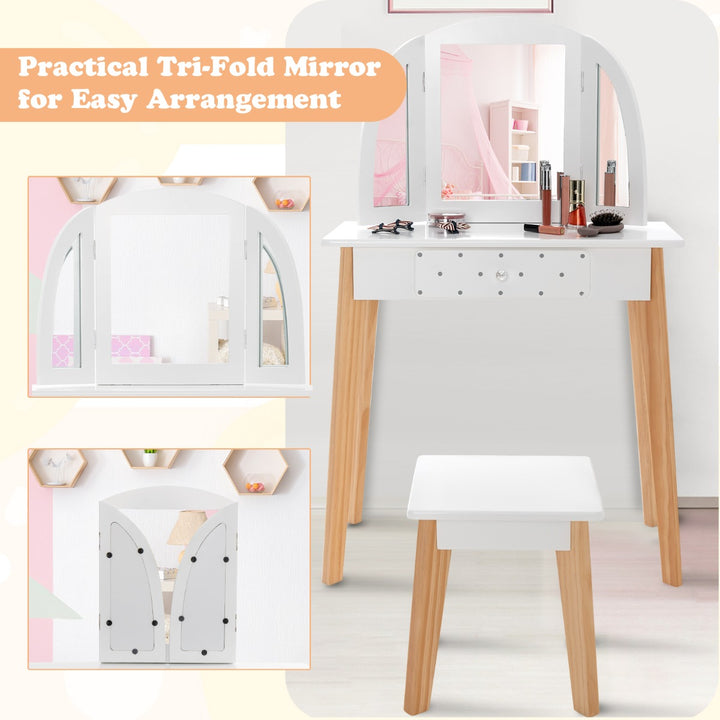 Kids Dressing Table and Stool Set Tri-Folding Mirror and Drawer -White