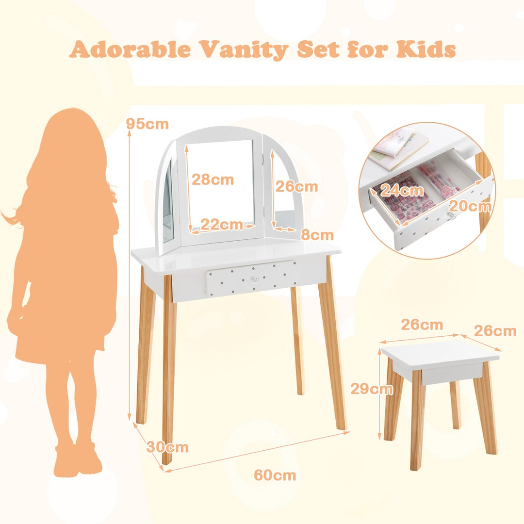 Kids Dressing Table and Stool Set Tri-Folding Mirror and Drawer -White