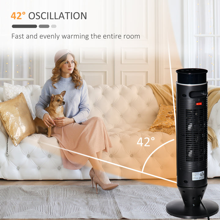 HOMCOM Ceramic Tower Indoor Space Heater Electric Floor Heater w/ 2 Heat and Fan 1000W/2000W, Oscillation, Remote Control, Timer for Bathroom Office