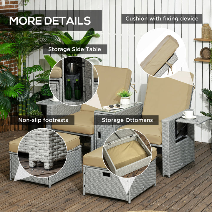 5PC PE Rattan Sun Lounger, Outdoor Wicker 5-level Adjustable Recliner Sofa Bed with Storage Side Table Footstools, for Patio, Garden, Beige