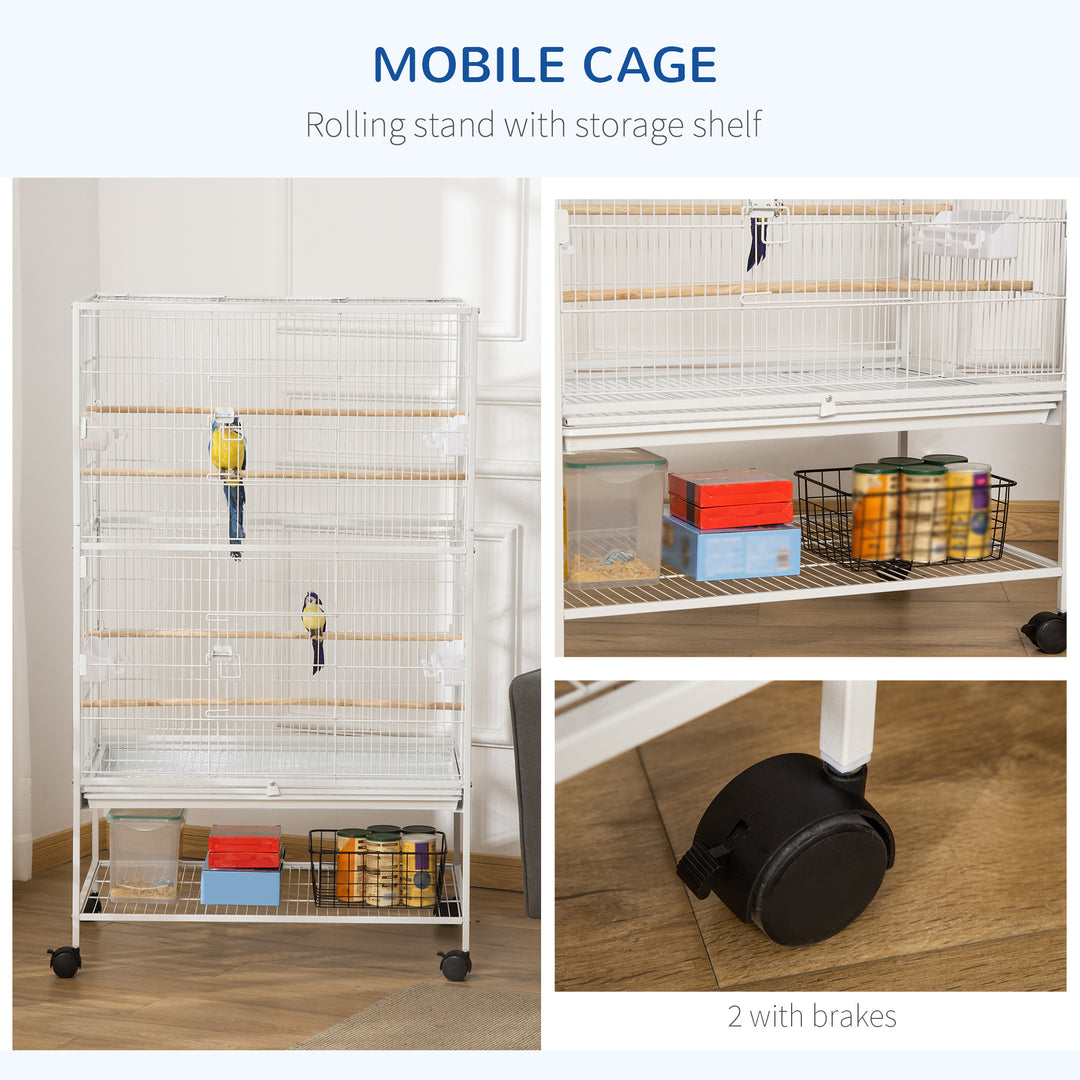 Large Bird Cage Aviary for Finch Canaries, Budgies with Rolling Stand, Slide-out Tray, Food Containers, White