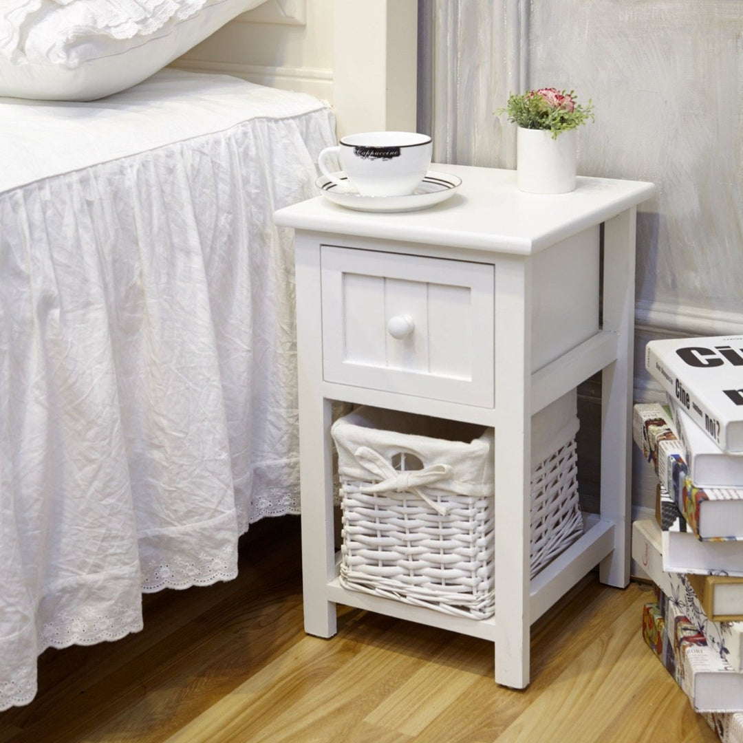 Wooden 2-Layer Bedside End Table Nightstand with Basket + Drawer