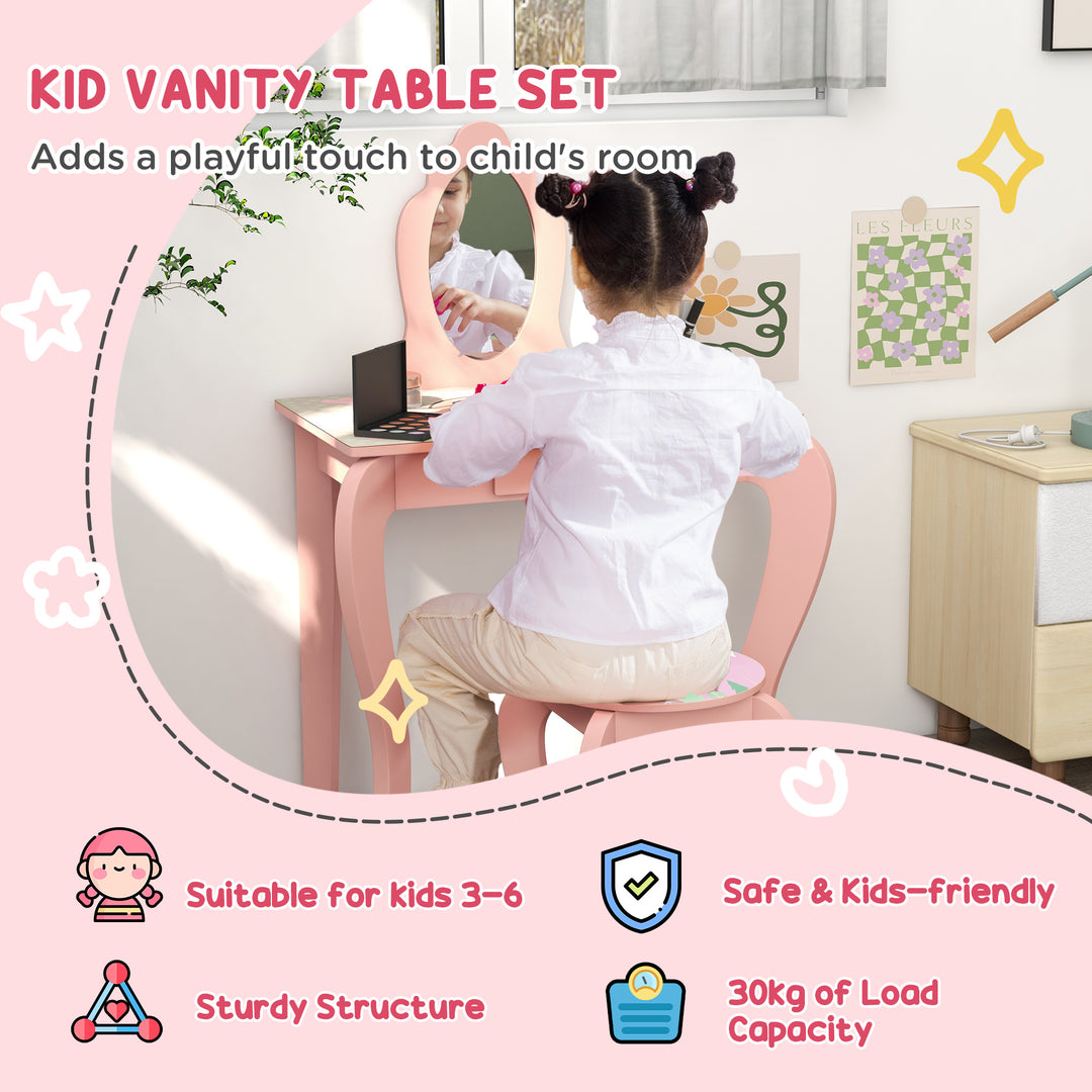 Kids Dressing Table with Mirror and Stool, Girls Vanity Table Makeup Desk with Drawer for 3-6 Years - Pink