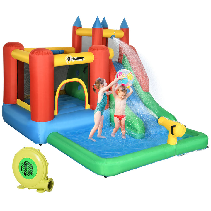 Outsunny Kids Inflatable Bouncy Castle Water Slide 6 in 1 Bounce House Jumping Castle Water Pool Gun Climbing Wall Basket for Summer Playland