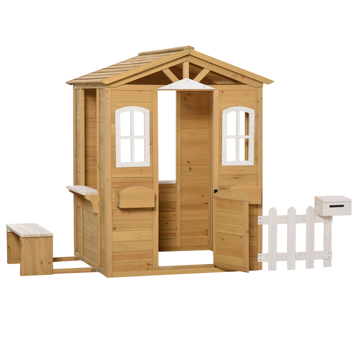 Wooden Playhouse for Outdoor with Door Windows Mailbox Bench for Kids Children Toddlers