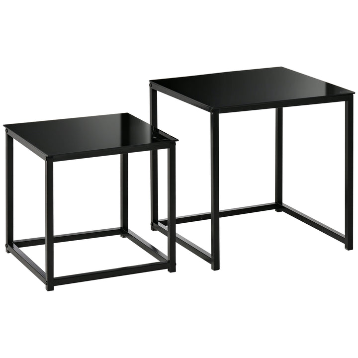 Nest of 2 Side Tables, Set of Modern Bedside Tables with Tempered Glass Desktop for Living Room, Bedroom, Office, Black