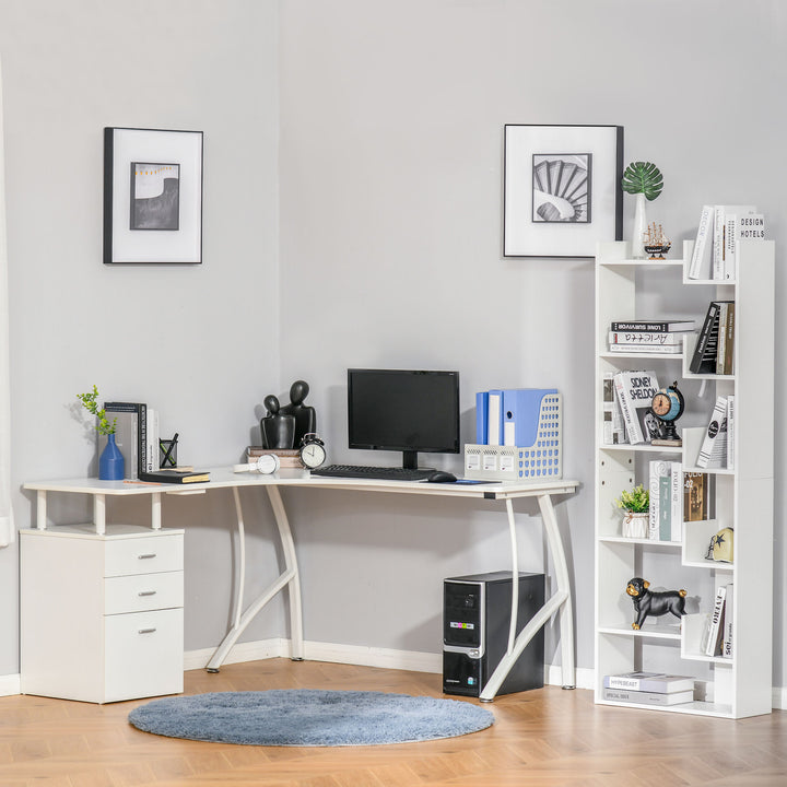 L-Shaped Computer Desk Table with Storage Drawer Home Office Corner Industrial Style Workstation, White