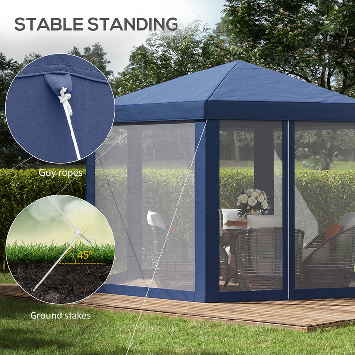 Outsunny 4M Netting Gazebo Hexagon Tent Patio Canopy Outdoor Shelter Party Activities Shade Resistant (Blue)