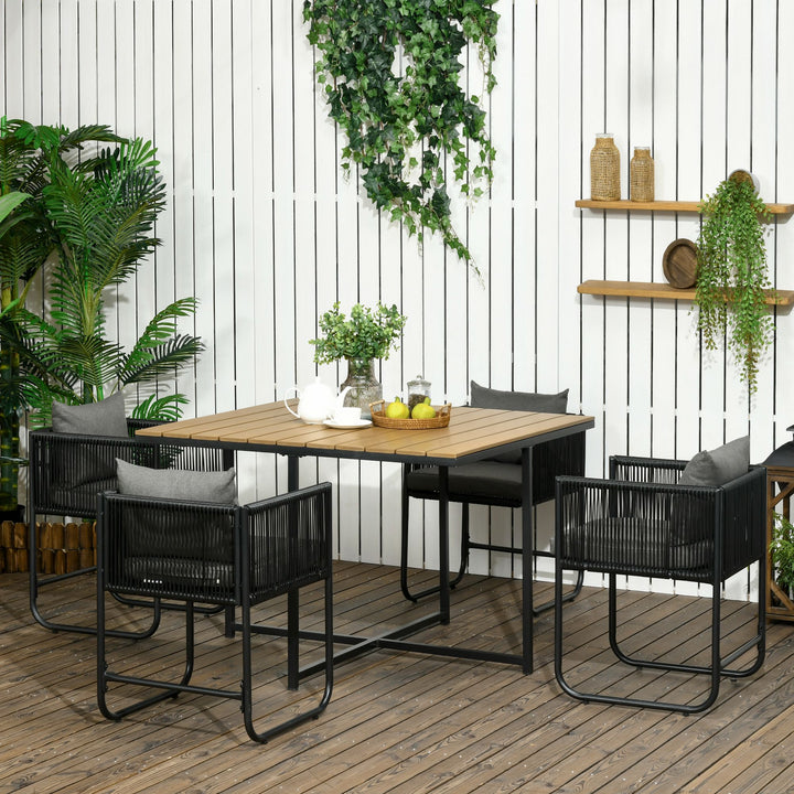 Patio 5 PCs PE Rattan Dining Set, Garden Round Wicker 4-seater Rattan Cube Dining Sets, w/ Wood Grain Plastic Top, Space-saving Design Black