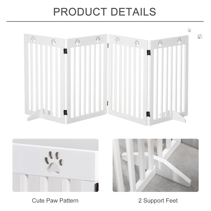 PawHut Pet Gate 4 Panel Wooden Foldable Fence Freestanding Dog Safety Barrier with 2 Support Feet for Doorways Stairs 80'' x 30'' White