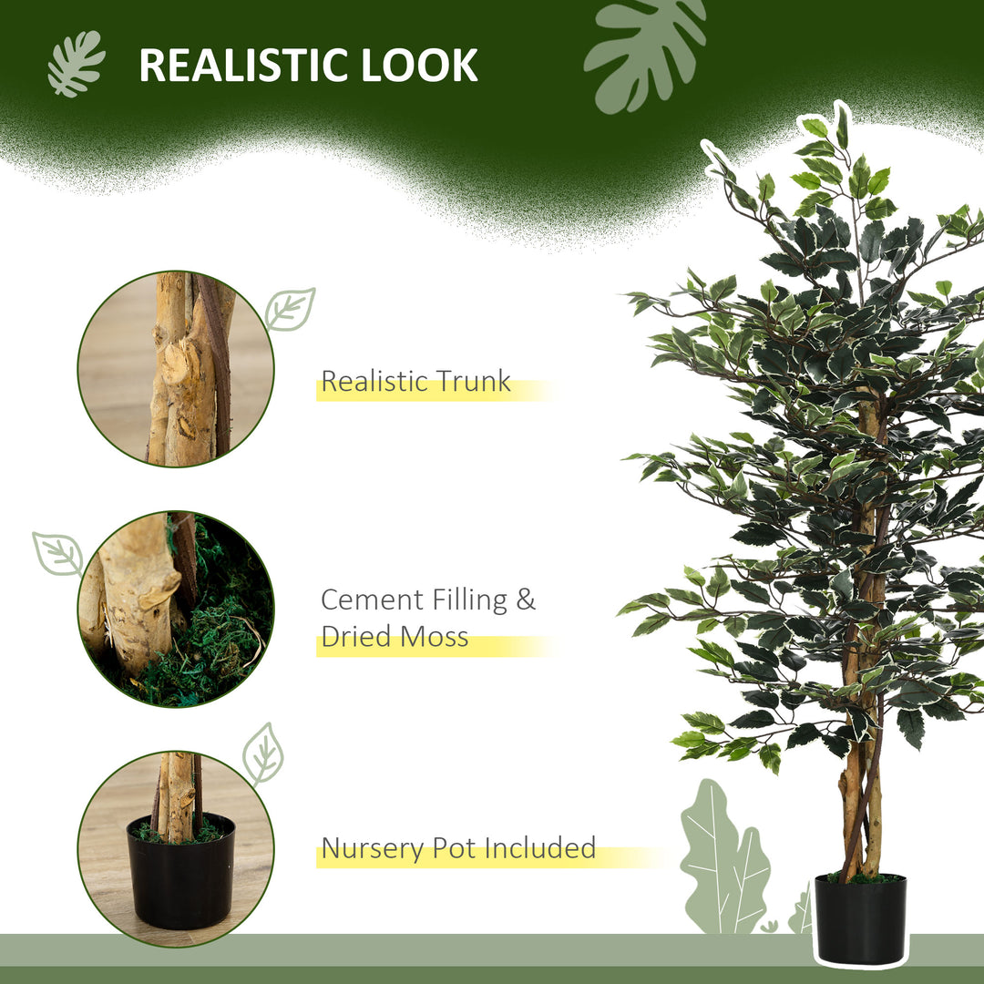 Artificial Ficus Tree in Pot, Fake Plant with Lifelike Leaves and Natural Trunks, Indoor Outdoor, Green