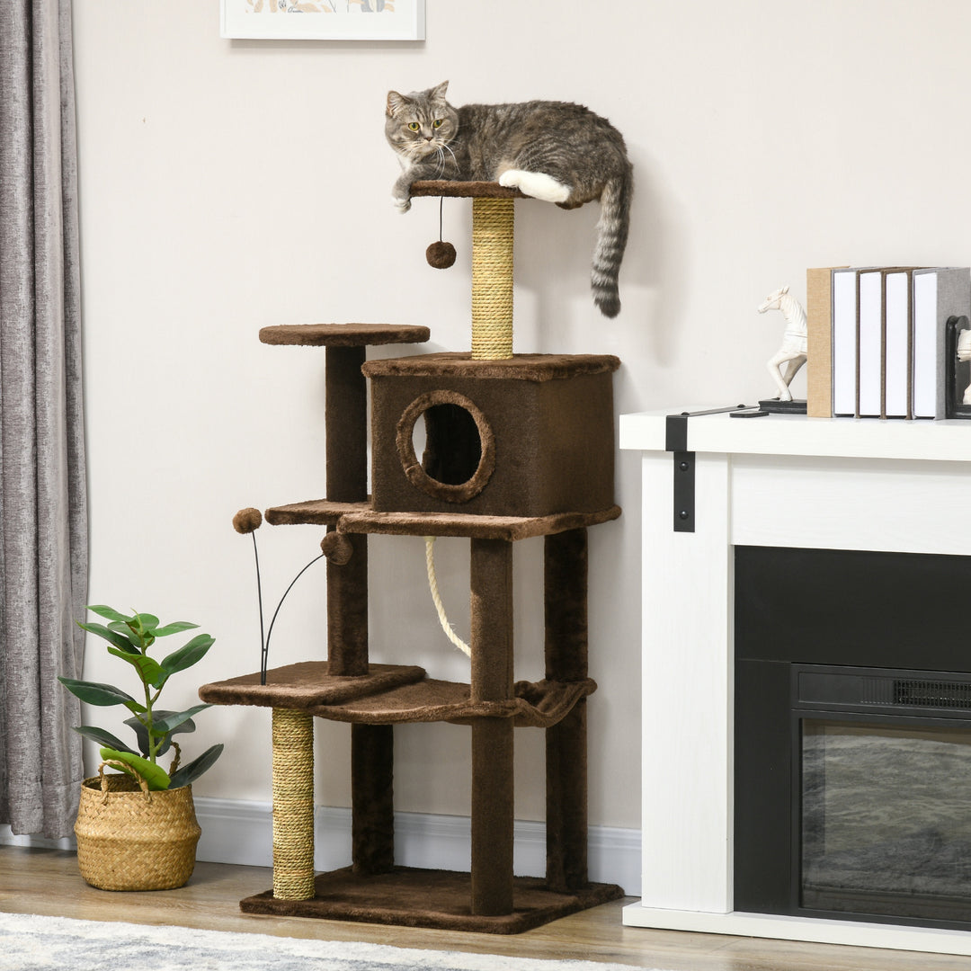 136cm Cat Tree for Indoor Cats, Modern Cat Tower with Scratching Posts, house, Platforms, Toy Ball - Brown