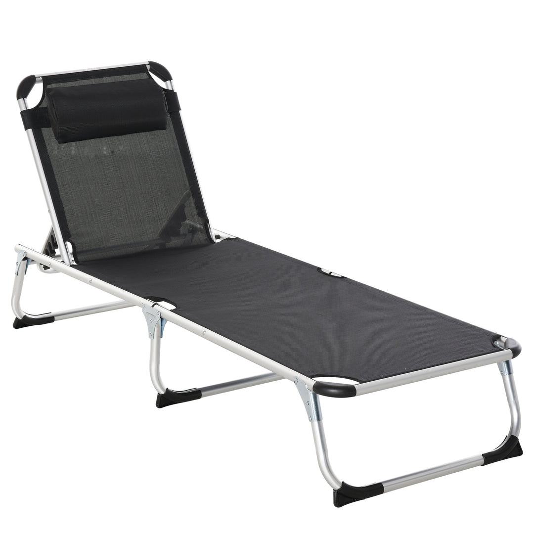 Outsunny Foldable Reclining Sun Lounger Lounge Chair Camping Bed Cot with Pillow 5-Level Adjustable Back Aluminium Frame Black