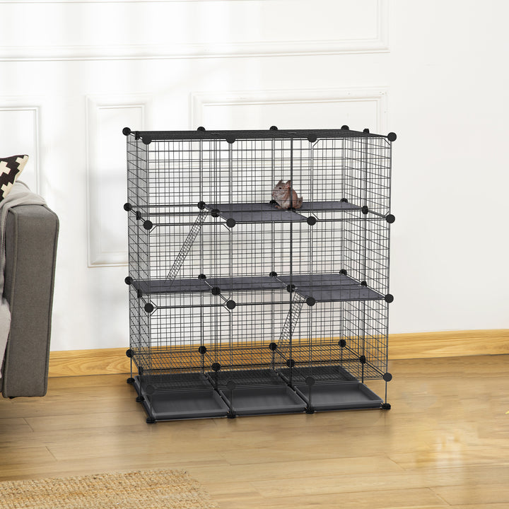 Pawhut 3 Level DIY Pet Playpen Metal Small Animal Cage Guinea Pig Rabbit Ferret Chinchillas Cage 4 Doors Bottom Trays Black