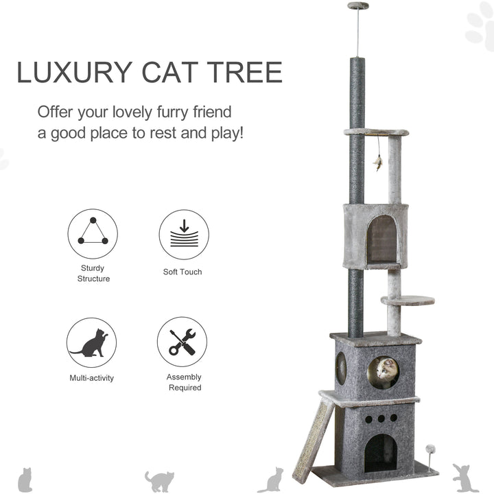 PawHut 255cm Cat Climbing Tree Adjustable Kitty Activity Center Floor-to-Ceiling Cat Climber Toy with Double Condo Play Rest Post Light Grey