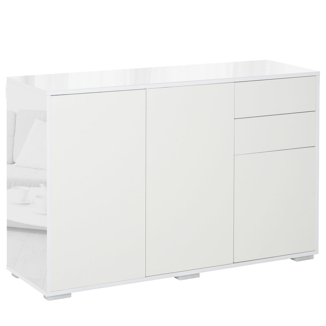 High Gloss Sideboard, Side Cabinet, Push-Open Design with 2 Drawer for Living Room, Bedroom, White