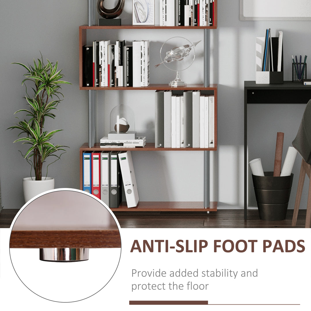 4-Tires Wooden Bookcase S Shape Storage Bookshelf Display for Living Room, Bedroom, Office with Steel Frame, Walnut