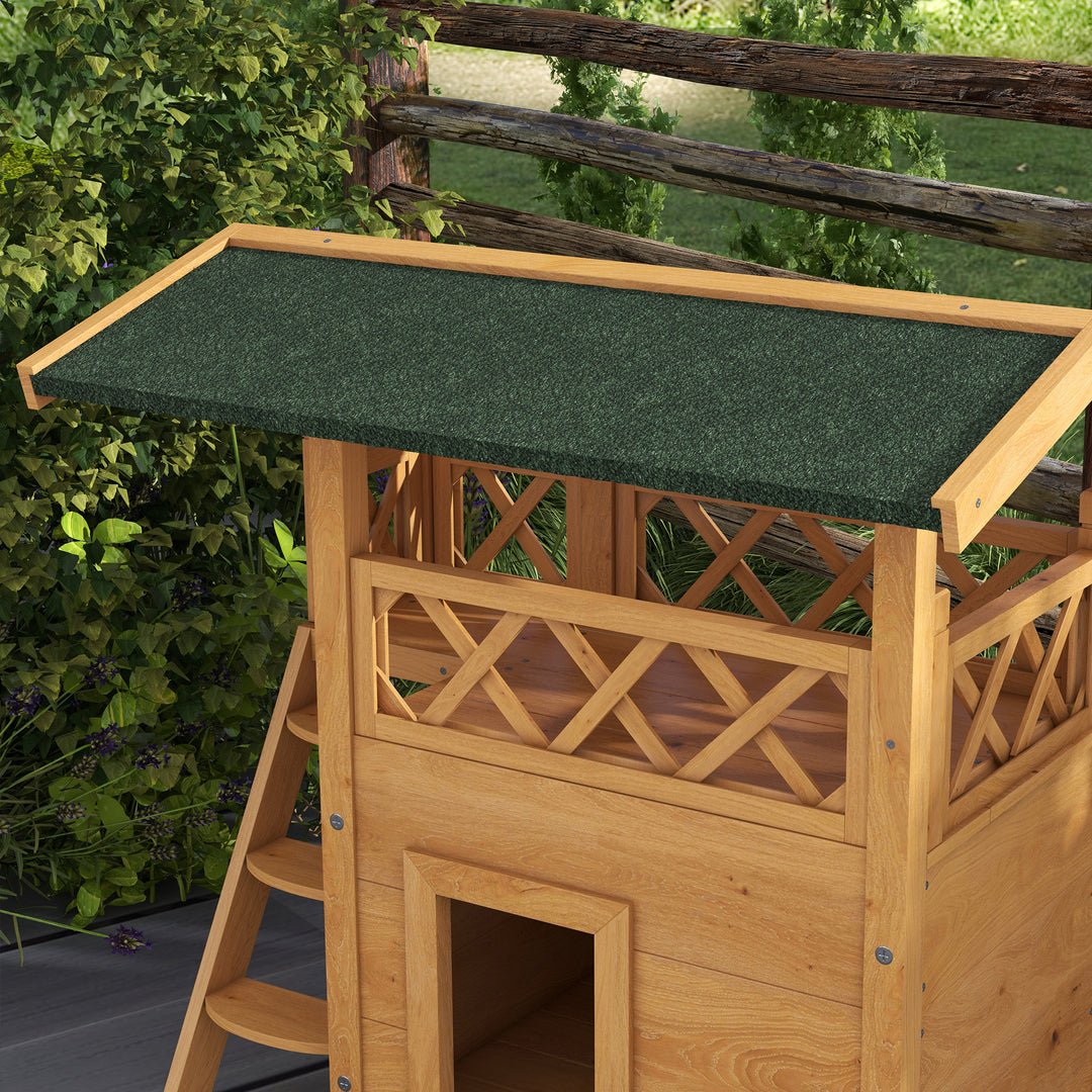 Cat House Outdoor w/ Balcony Stairs Roof, 77 x 50 x 73 cm, Natural