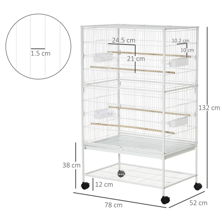 Large Bird Cage Aviary for Finch Canaries, Budgies with Rolling Stand, Slide-out Tray, Food Containers, White