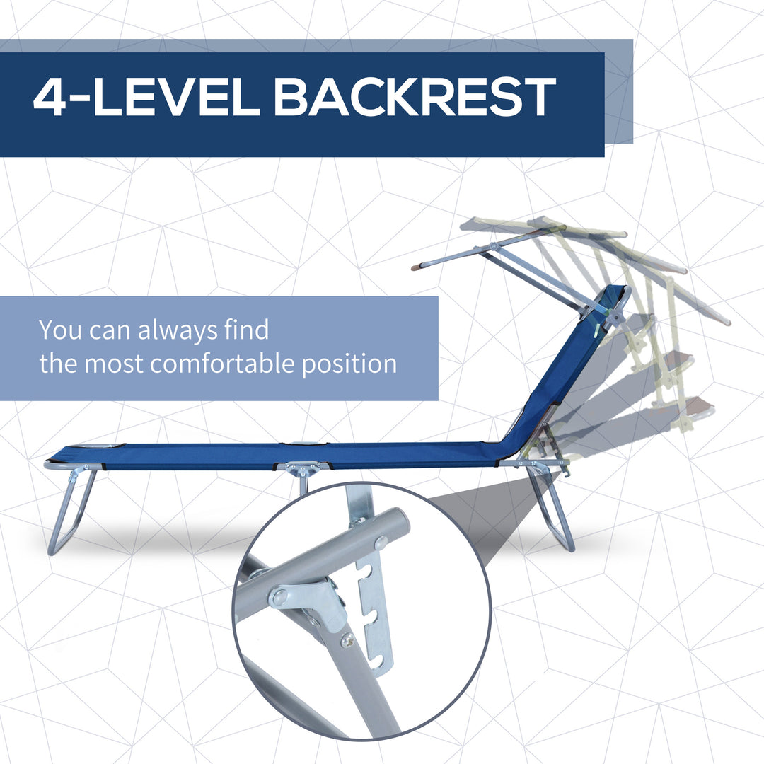 Outsunny Reclining Chair Folding Lounger Seat Sun Lounger with Sun Shade Awning Beach Garden Outdoor Patio Recliner Adjustable, Blue