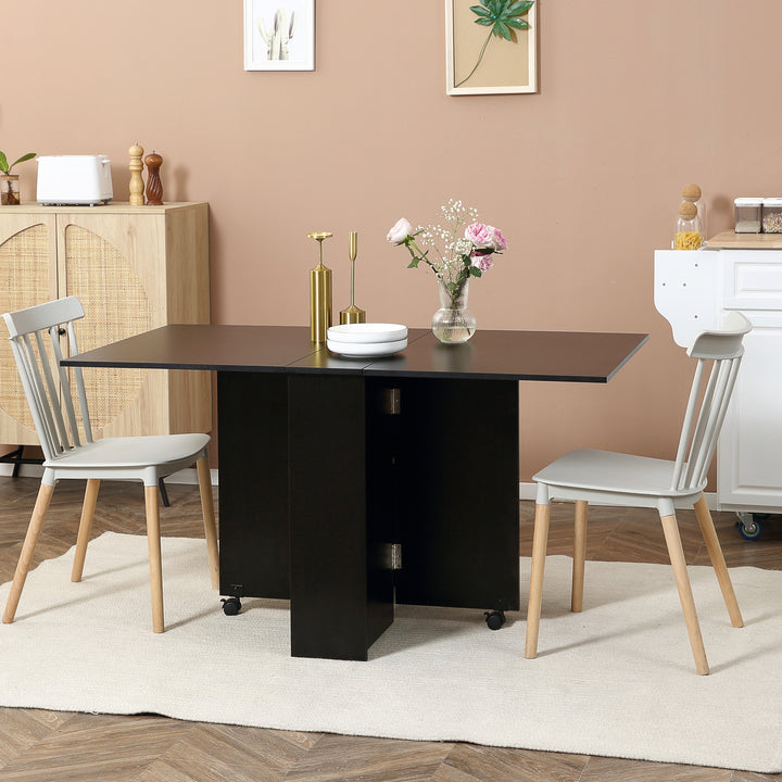 Foldable Dining Table, Extendable Drop Leaf Table with 2-tier Shelves, Small Dinner Table with Rolling Casters