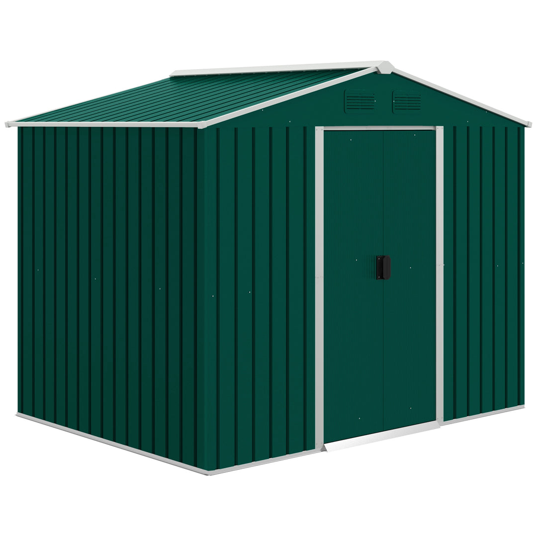 Outsunny 8 x 6 ft Metal Garden Storage Shed Corrugated Steel Roofed Tool Box with Ventilation and Sliding Doors, Green