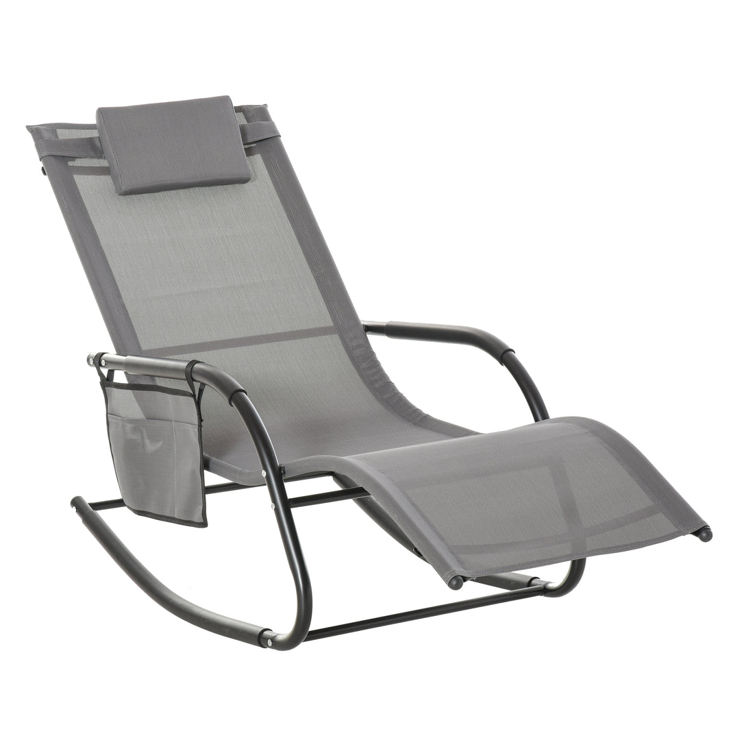 Breathable Mesh Rocking Chair Patio Rocker Lounge for Indoor &amp; Outdoor Recliner Seat w/ Removable Headrest for Garden and Patio Grey