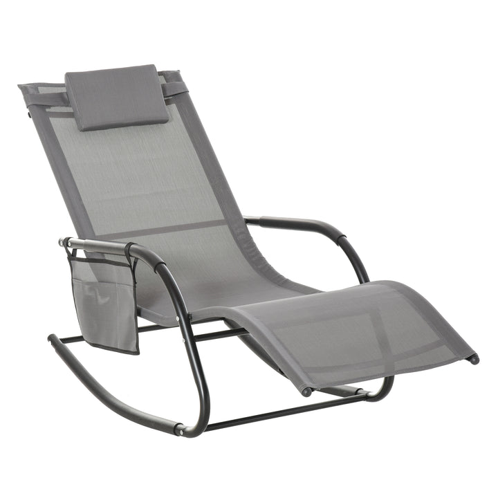Breathable Mesh Rocking Chair Patio Rocker Lounge for Indoor &amp; Outdoor Recliner Seat w/ Removable Headrest for Garden and Patio Grey