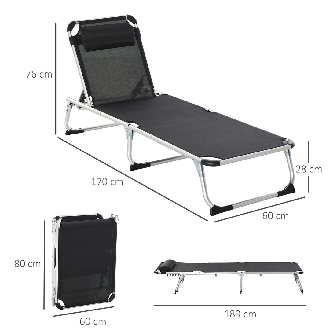 Outsunny 2 Pieces Foldable Sun Lounger with Pillow, 5-Level Adjustable Reclining Lounge Chair, Aluminium Frame Camping Bed Cot, Black