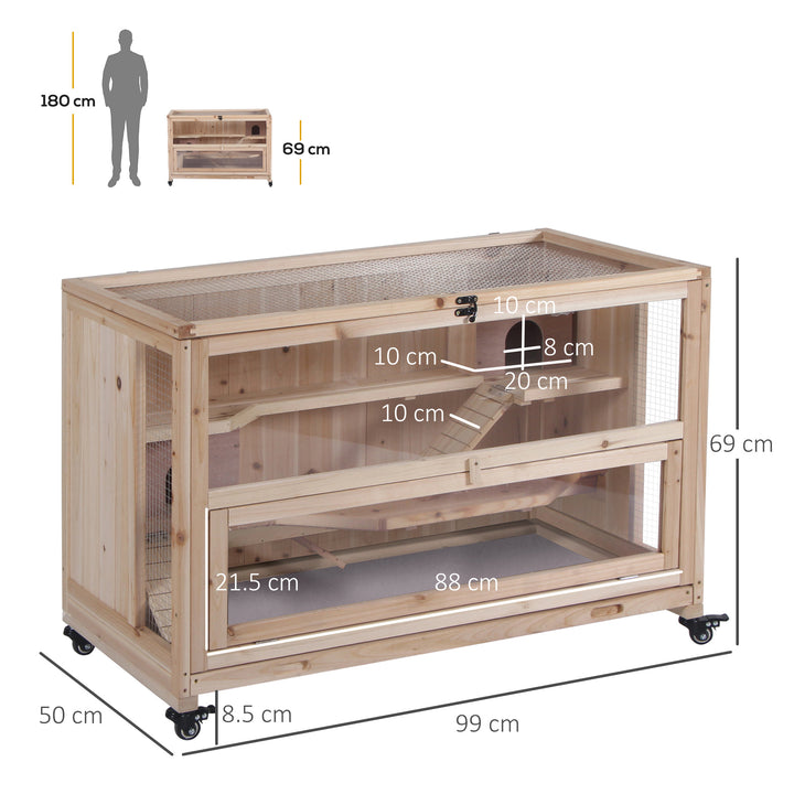 Wooden Hamster Cage, Mice Rodent Small Animals Kit Hutch, 3 Tiers Exercise Play House, with Wheels, Bottom Tray, 99 x 50 x 69 cm, Natural Wood