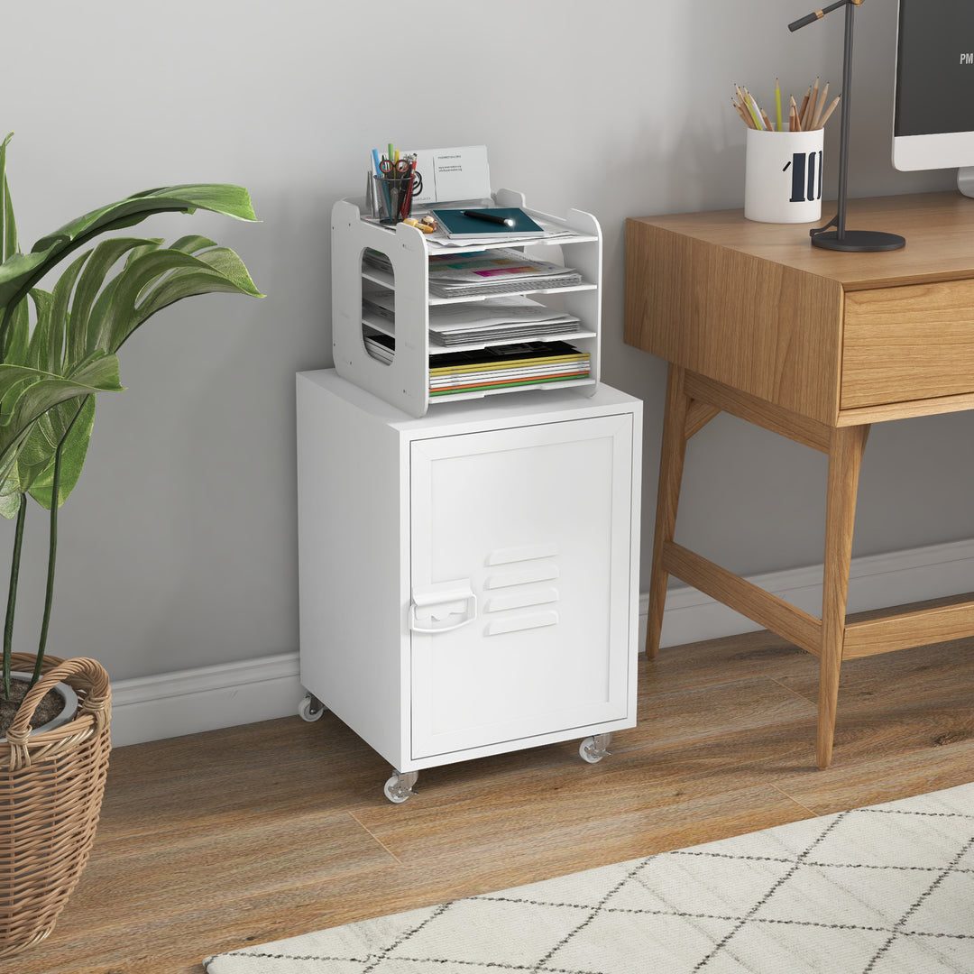 Industrial Style Printer Table, Rolling End Side Table with Wheels &amp; Metal Door - White