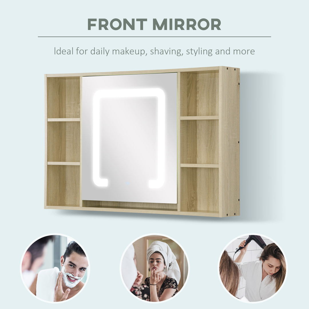 kleankin LED Bathroom Mirror Cabinet, Wall Mounted Dimmable Medicine Cabinet with Adjustable Shelf and Mirrored Door, Natural