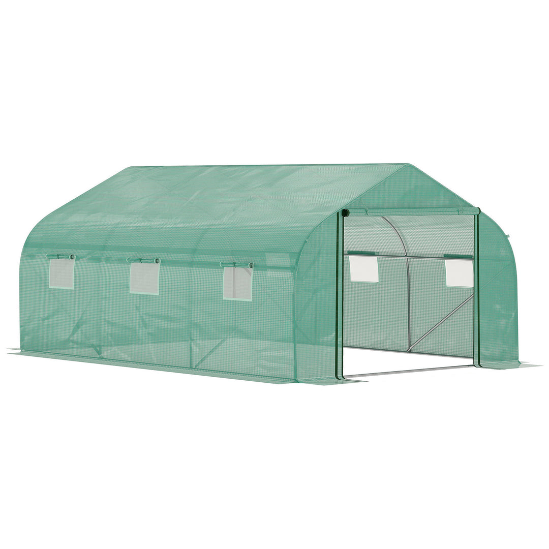 Outsunny 4.47 x 3 x 2m Walk-in Tunnel Greenhouse, Portable Polytunnel Tent, Plant Hot House with PE Cover, Zippered Roll Up Door and 6 Windows, Green