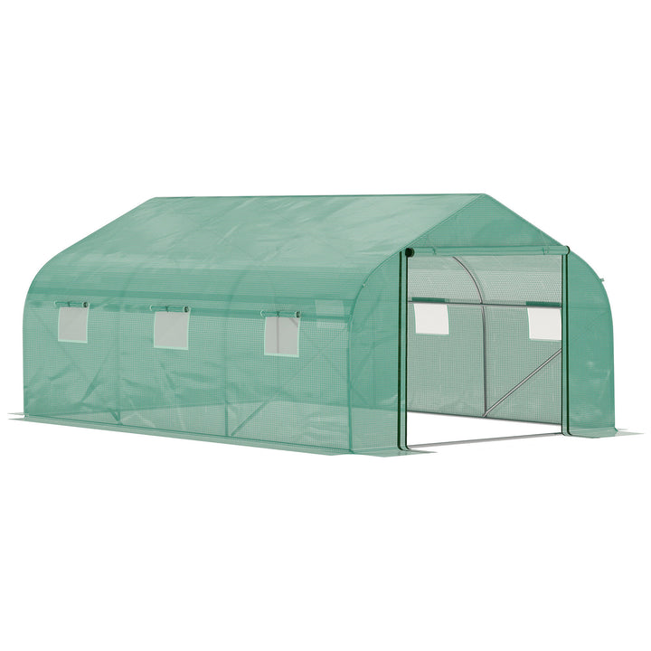 Outsunny 4.47 x 3 x 2m Walk-in Tunnel Greenhouse, Portable Polytunnel Tent, Plant Hot House with PE Cover, Zippered Roll Up Door and 6 Windows, Green