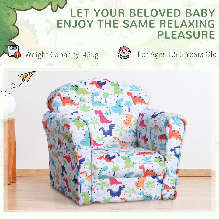 Children Armchair Kids Sofa Tub Chair Seat Cartoon Dinosaur Pattern Bedroom Flannel Wooden Frame Non-slip Playroom Seater