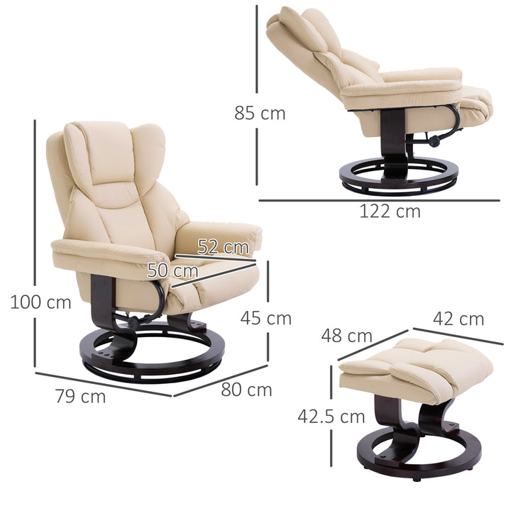 Reclining Swivel Armchair Footstool Set Sofa Padded PU Leather Relaxing Manual Duo Metal Frame Bentwood Base Cream