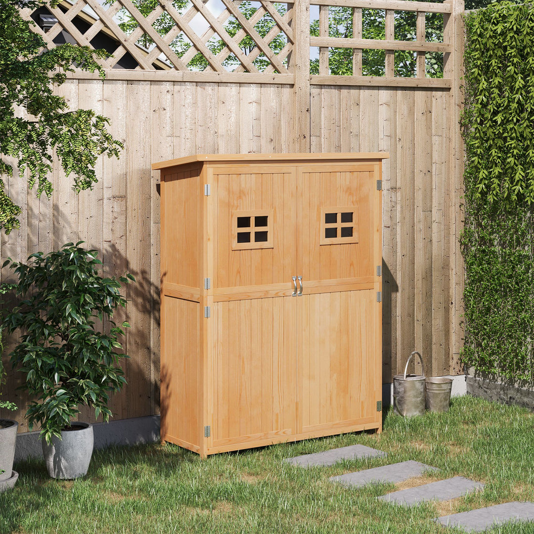 Wooden Garden Storage Shed Tool Cabinet Organiser with Shelves, Two Windows, 127.5 x 50 x 164 cm, Natural