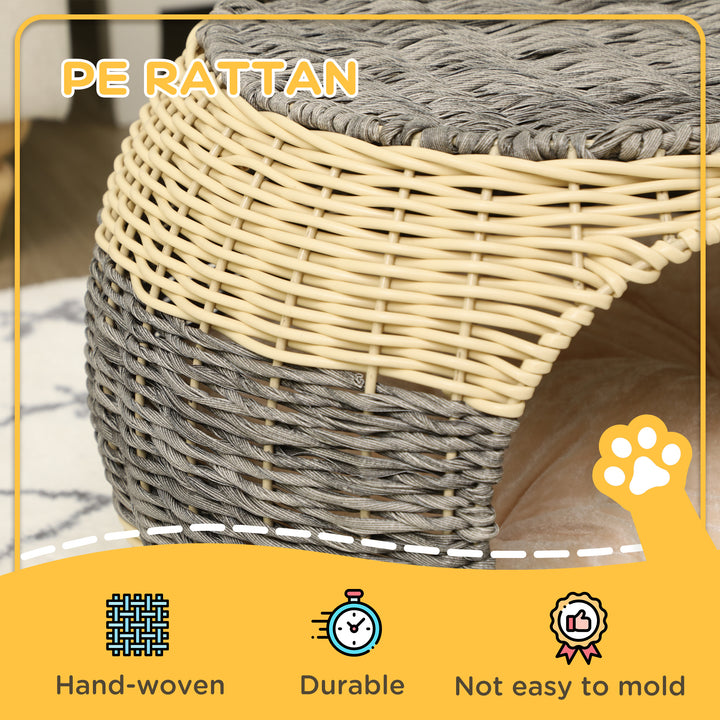 Wicker Cat House, Rattan Raised Cat Bed, Cosy Kitten Cave with Soft Washable Cushion, Φ40 x 30cm