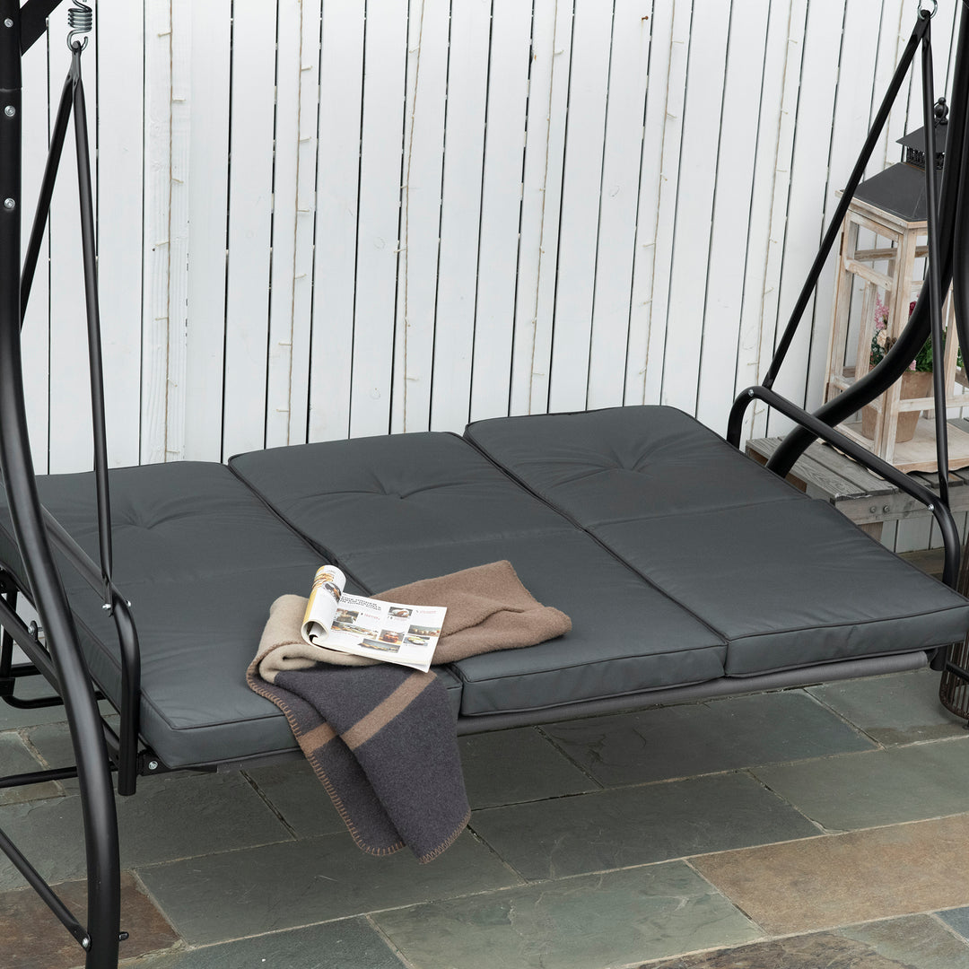 3 Seater Canopy Swing Chair, 2 in 1 Garden Swing Seat Bed, with Adjustable Canopy and Metal Frame, Dark Grey