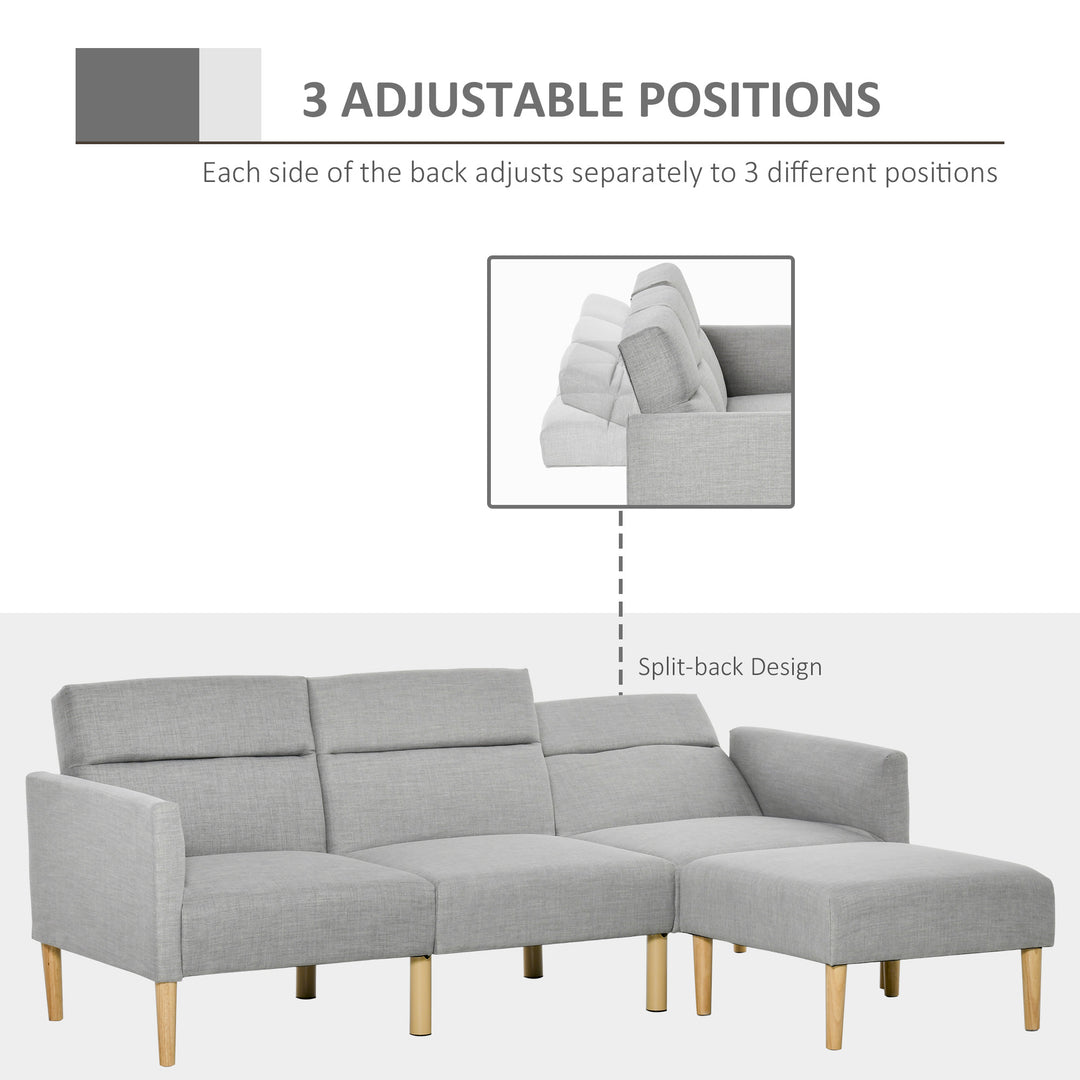 L Shape Sofa Bed Set, Linen Fabric Corner Sofa Bed with Rubber Wood Legs and Footstool, Light Grey