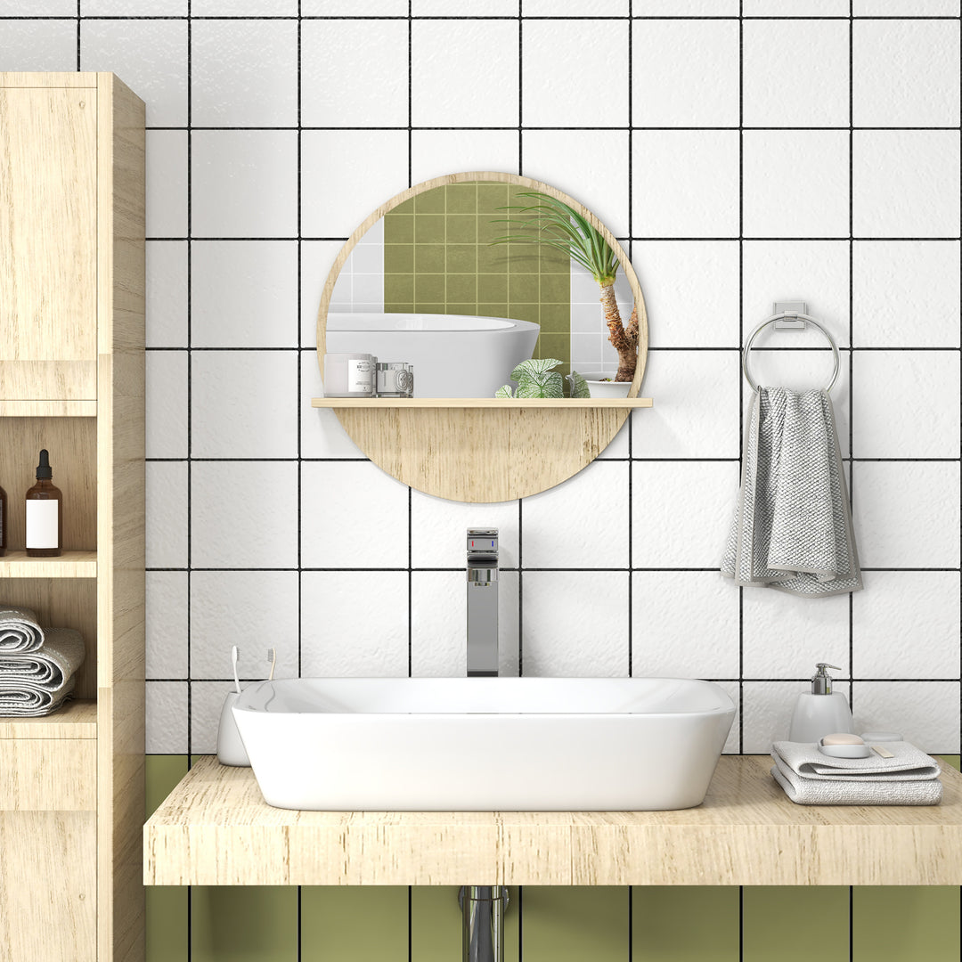 kleankin 45cm Wall Mounted Bathroom Mirror, Round Mirror with Shelf, Framed Makeup Mirror for Home Decoration, Natural Wood Effect