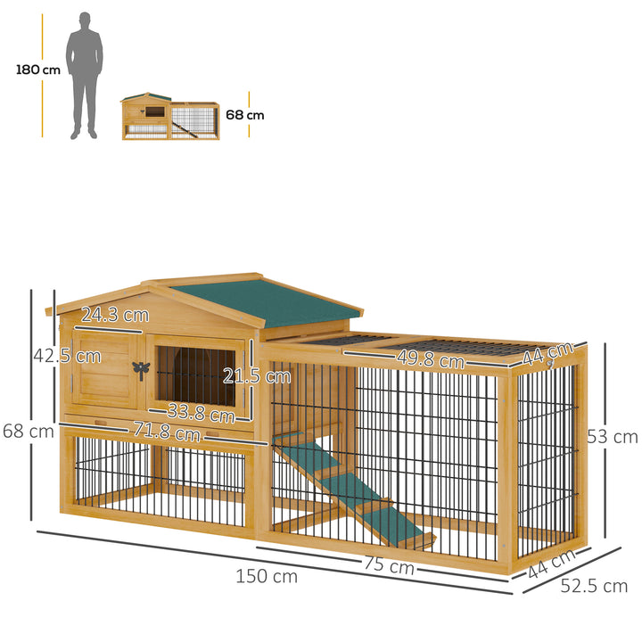 PawHut 2 Level Wooden Rabbit Bunny Guinea Pig Hutch w/ Outdoor Run Water Resistant Roof Pull out Tray Ramp 150 x 52.5 x 68 cm, Yellow