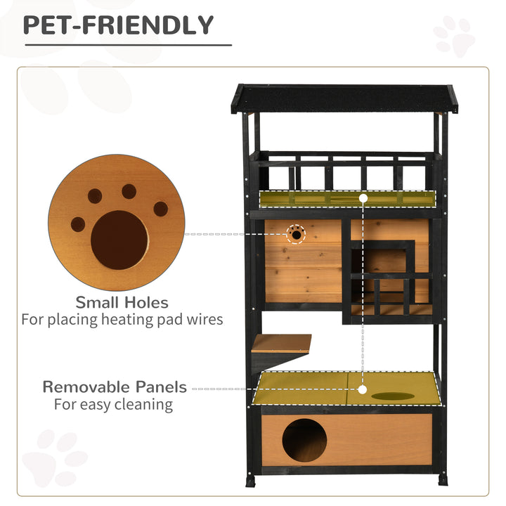 Wooden Cat House 3-Tier for Winter Kitten Shelter Lodge w/ Tilted Roof Terrace Jump Step Bottom Tray Elevated Base, Yellow