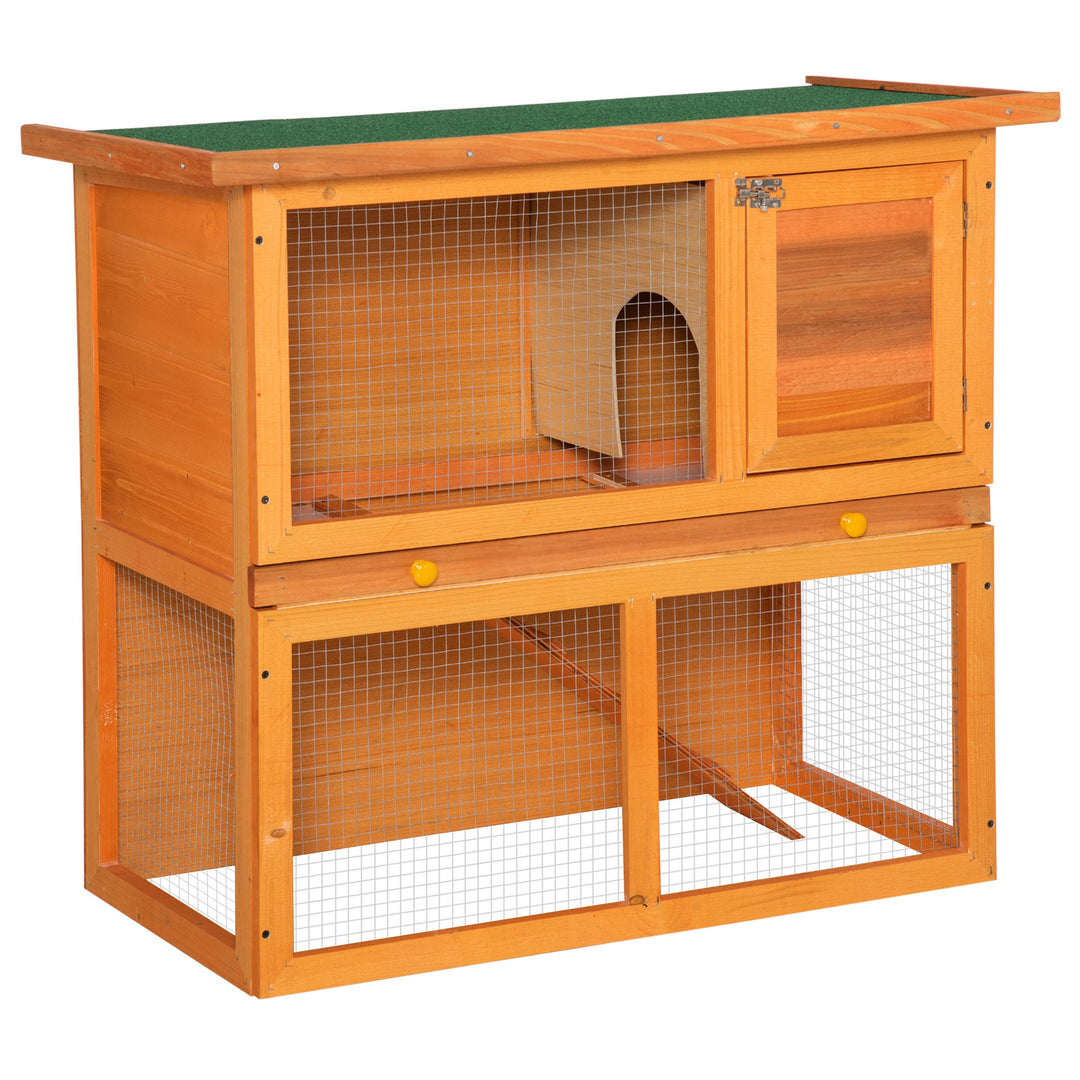 PawHut 2-Tier Rabbit Hutch Wooden Guinea Pig Hutch Double Decker Pet Cage Run with Sliding Tray Opening Top