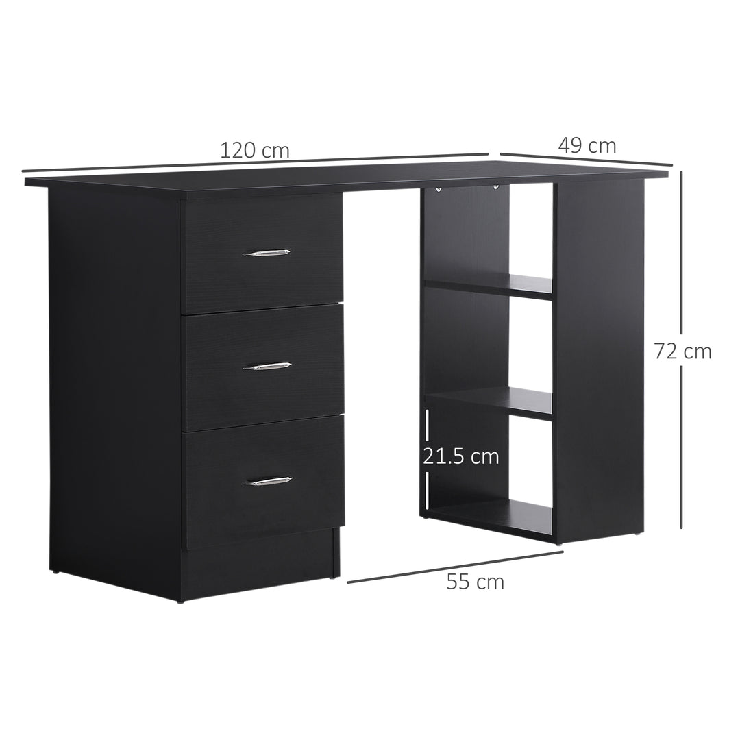 Modern Style Computer Desk Writing PC Table Workstation Laptop Study Stationery Cupboard w/ 3 Shelf & Drawers - Black 120H cm