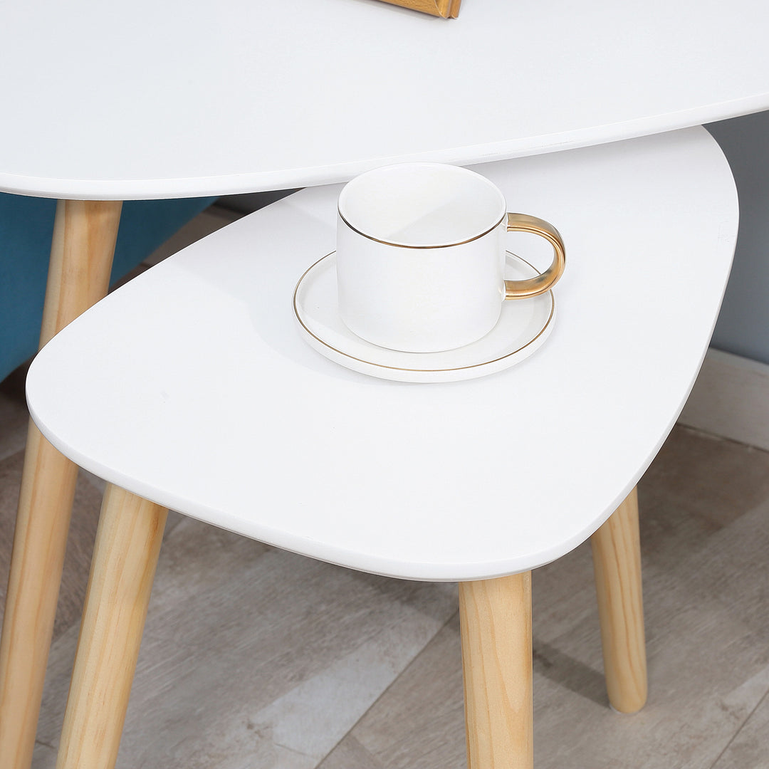 Modern Side Table Set of 2, Triangular Nest of Tables, End Table with Solid Wood Legs, for Living Room Bedroom, White