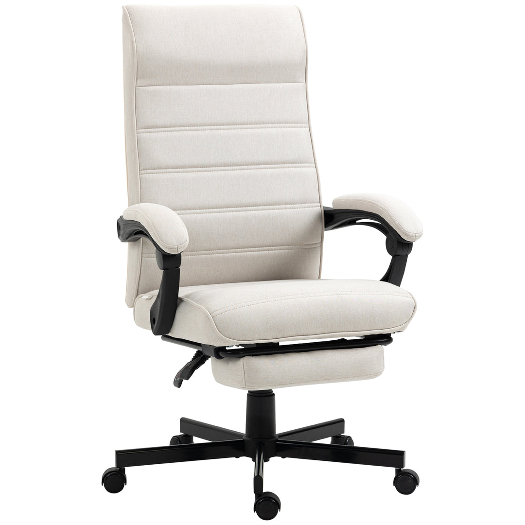 High-Back Home Office Chair, Linen Swivel Reclining Chair with Adjustable Height, Footrest and Padded Armrest for Living Room Cream White