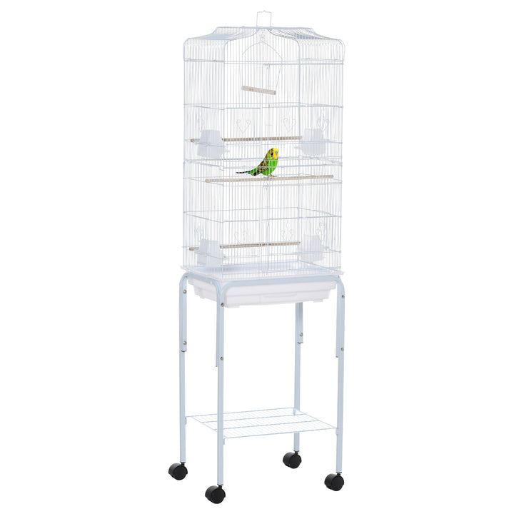 PawHut Metal Bird Parrot Cage w/ Breeding Stand Feeding Tray Wheels Parakeet Pet Supply White 47.5L x 37W x 153H (cm)